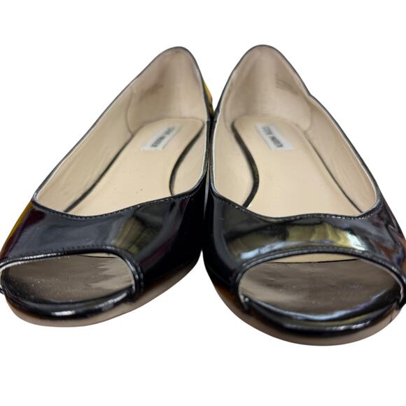 Steve Madden Open Toe Peep Patent Leather Black Stacked Wedge Shoes Pumps sz 8 - Picture 7 of 16